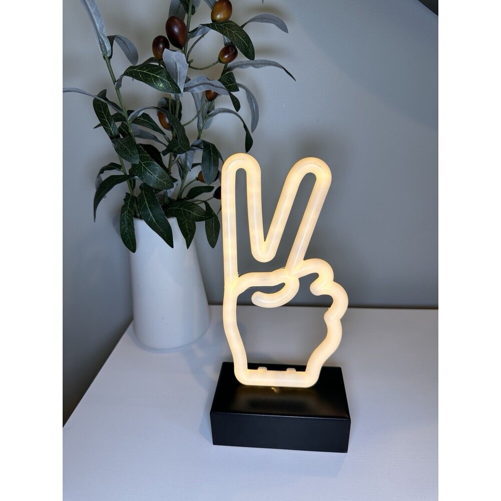 LED Neon Peace Sign Hand Table Lamp USB or Battery Operated Night Light Decor